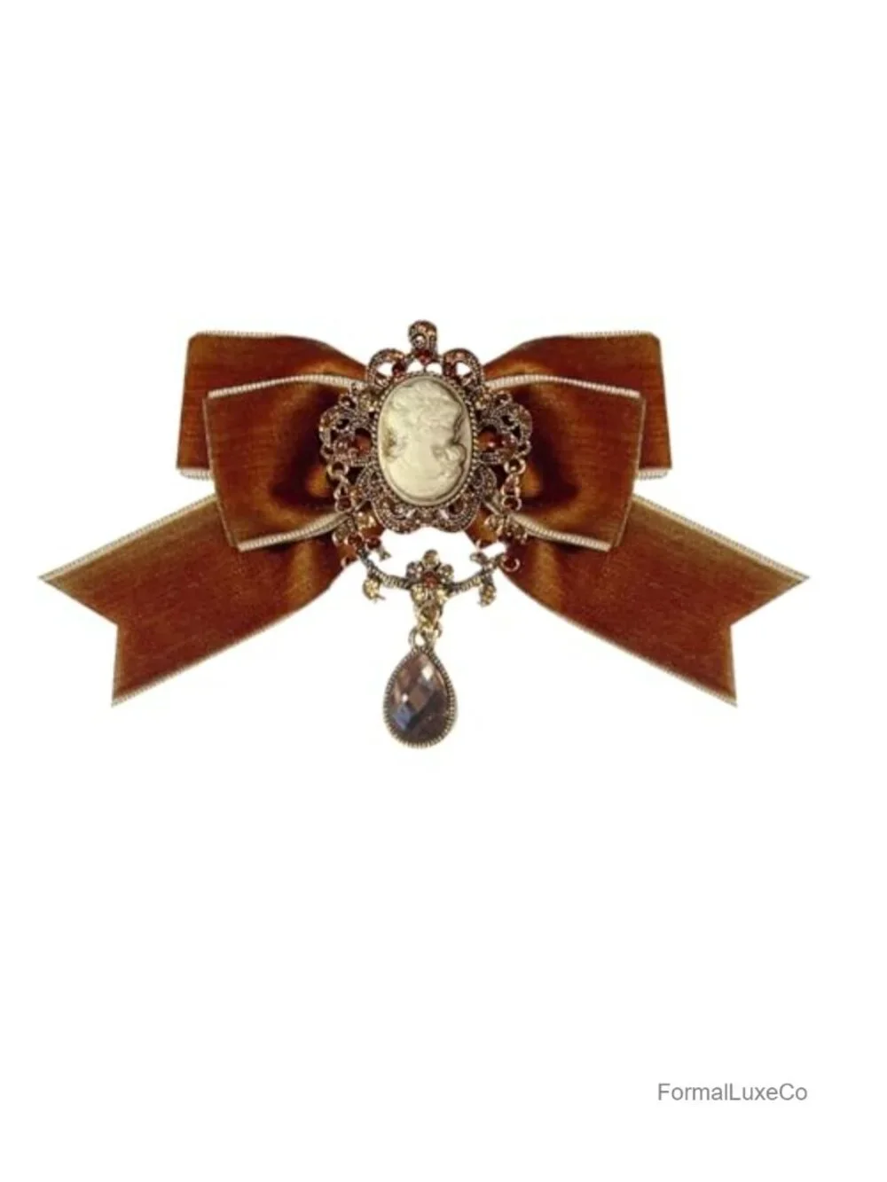 Vintage Teardrop Cameo Bow Brooch Rhinestone Velvet Ribbon Lapel Pin